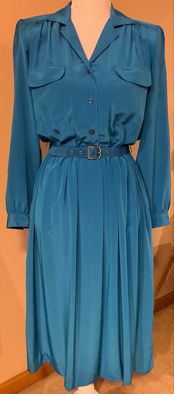 Vintage Andrea Gayle Petite Blue Midi Shirt Dress Size 6 Belted Long Sleeve